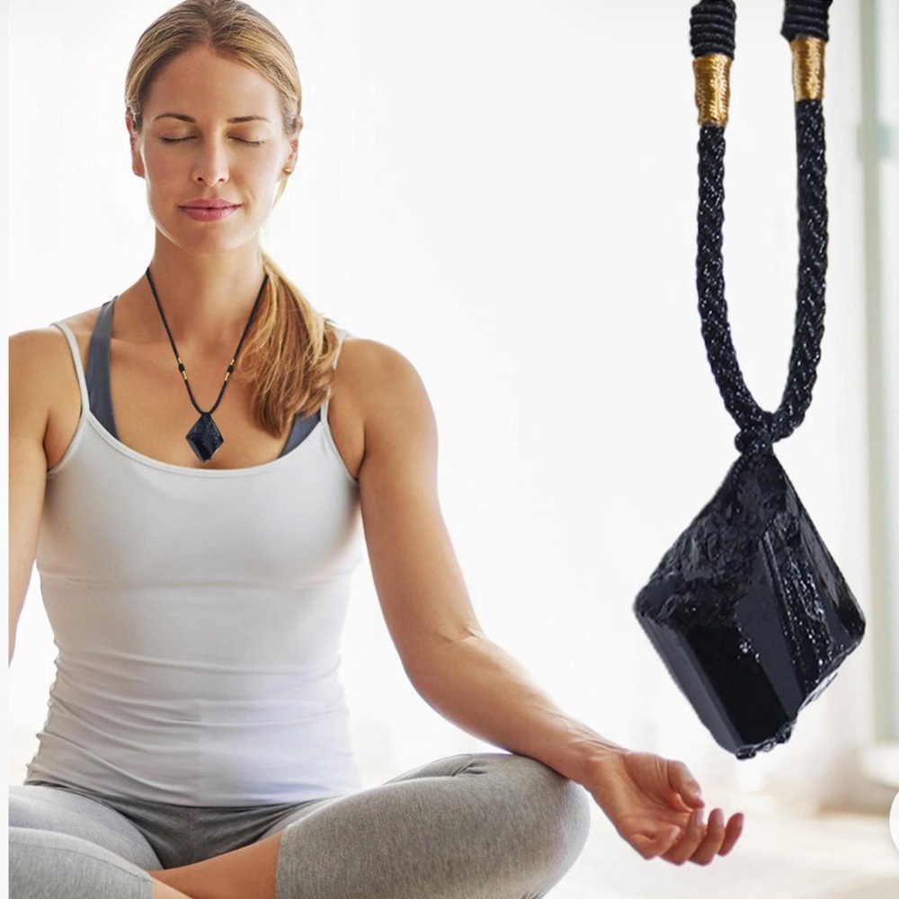 Natural Black Stone Pendant Necklace Adjustable